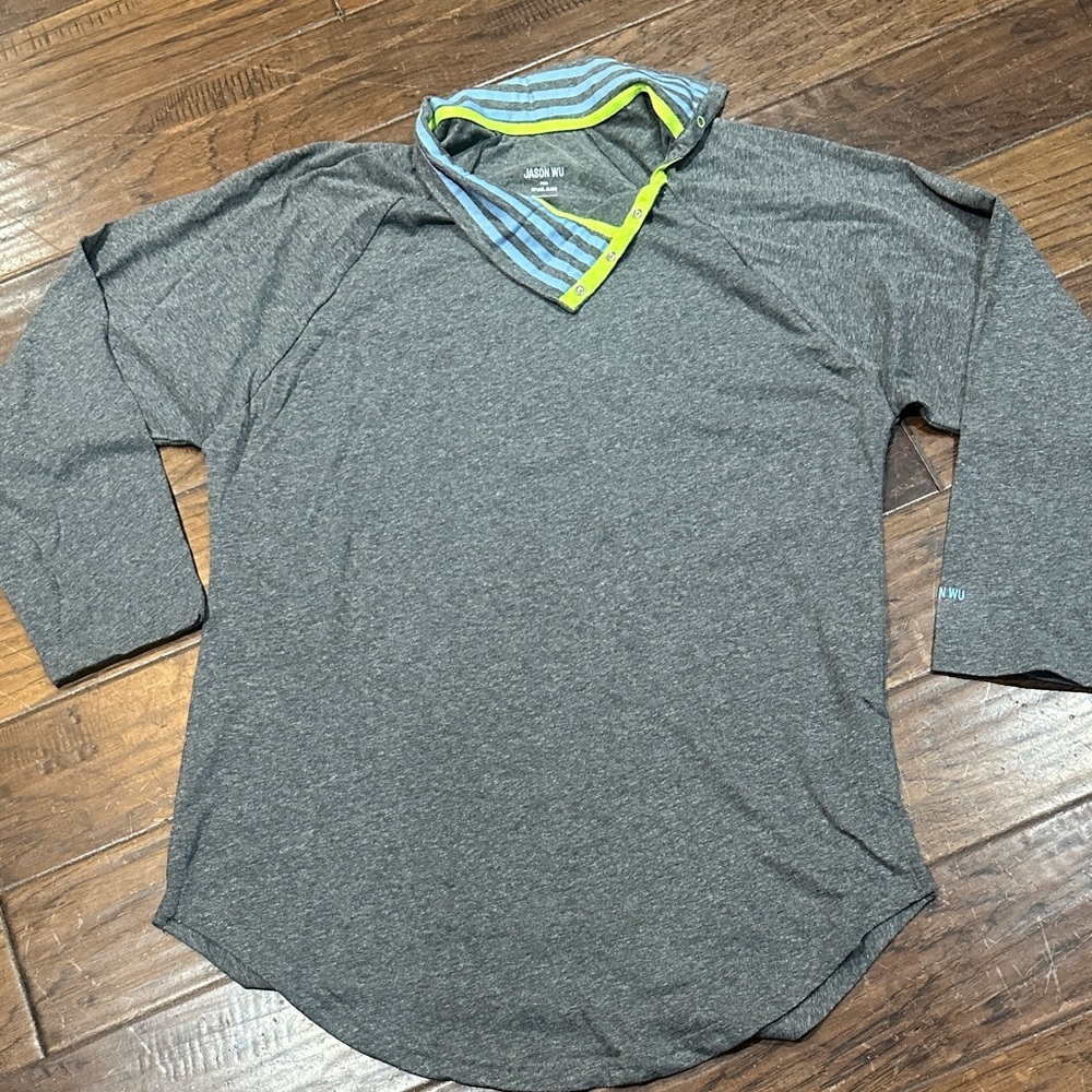 Jason Wu Charcoal Long Sleeve Shirt with Striped Collar‎